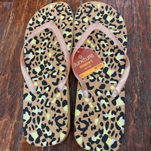 NWT*FLIP FLOPS (M 7/8)Dk BROWN Yellow TAN Whit ANIMAL PRINT Flip Flops TAN STRAP